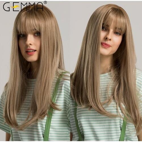 GEMMA Cosplay Long Straight Ombre Brown Blonde Synthetic Wigs with Bangs for Women Natural Daily Hair High Temperature Fibre