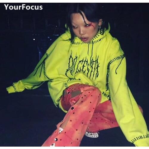 Harajuku hip hop kpop gothic streetwear loose oversize hoodie handmade tassels embroidery fluorescent green hoodies women men
