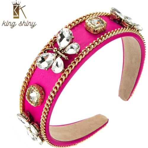 King Shiny Korean Baroque Crystal Butterfly Headband Luxury Gold Color Chain Hairband Girls Party Hair Accessories Tiara Crowns
