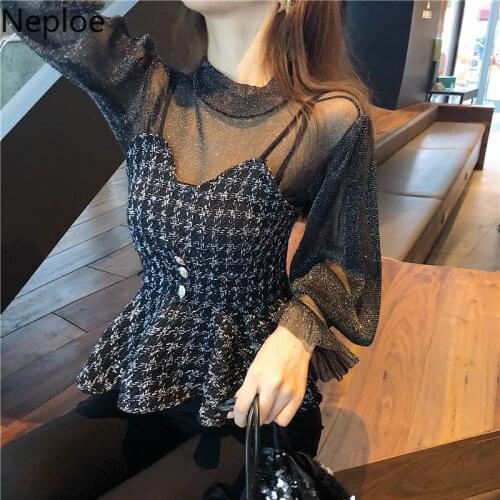 Neploe Autumn Winter Women Set New Bright Silk Long Sleeve Mesh Blouse + Plaid Sling Two-piece Fashion Suit Female 46437