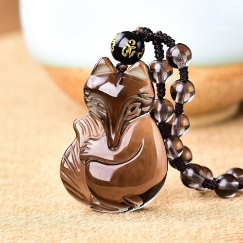 Natural Ice Obsidian Pendant Necklace Original Fox Jewelery Women Men Pendant With Beads Chain Lucky Trick Peach Couple Pendants
