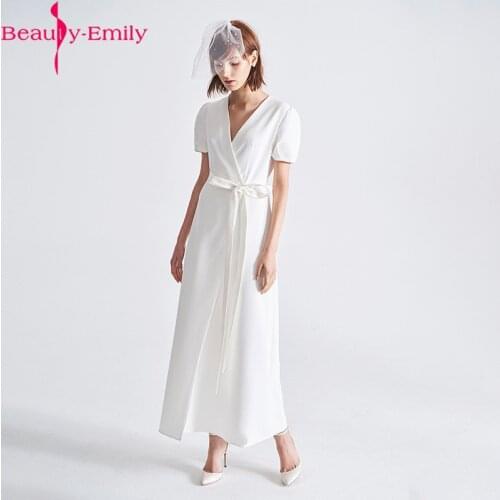 Fashion Korean Style Simple White Women Corset Wedding Dress 2021 Hot Sale V Neck Short Sleeve Satin Wedding Gowns with Sashes