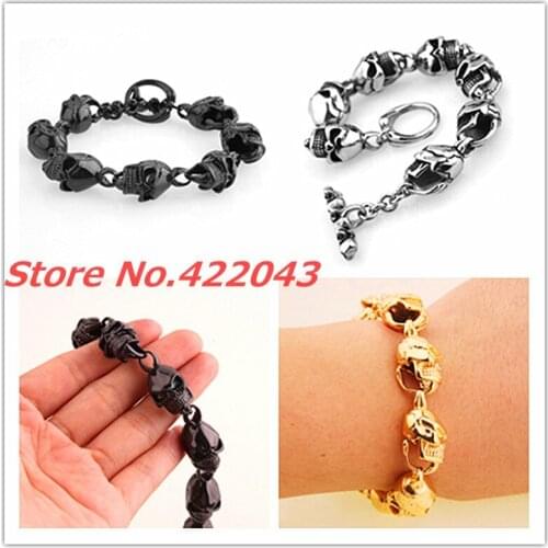Newest Punk Skeleton Boys Cool 22cm Bracelet Stainless Steel Skull Heads Bangles for Mens Party Jewelry Silver Gold Black color
