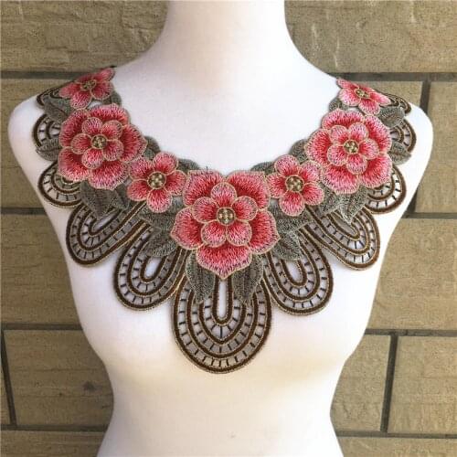 New 1pc Elegant Embroidery Pink Flower Lace Neckline Collar Fabric, DIY Collar Lace fabrics for Sewing Supplies Crafts