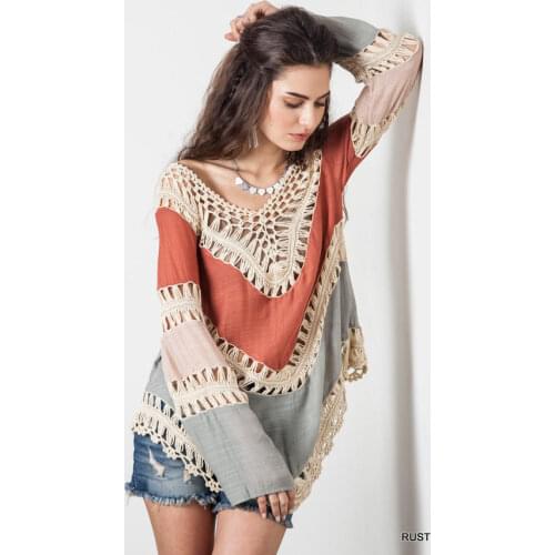 New Long Sleeve Hollow out Hand Crochet Bikini Blouse Woman Loose Smock Bohemia Beach Blouse Swimsuit Coverups