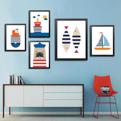 Mediterranean Spray Color Cartoon Fish Bear Seal Sailor Canvas Painting Nursery Lighthouse Wall Picture Room Decoration Poster