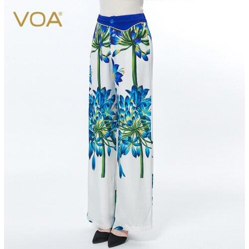 VOA Silk Heavy Crepe 30m/m Printed Trousers Natural Waist Fold Single Button Diagonal Pocket Elegant Wide-leg Pants Women KE522