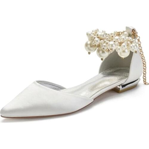 Pointed toe lady satin evening dress flat shoes wedding flats with pearls ankle strap elegant bridal shoes prom small heel party