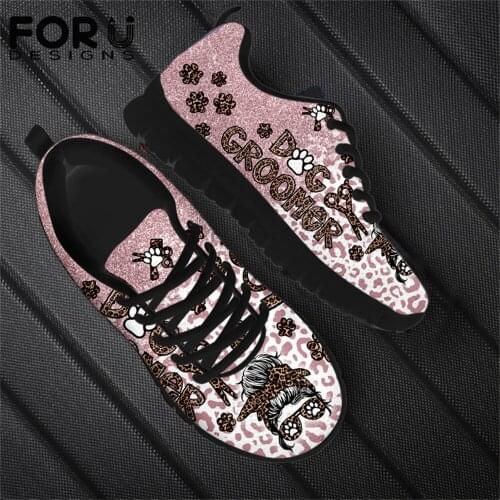 FORUDESIGNS Women Platform Sneakers Dog Groomer Leopard Pink Printing Brand Designer Shoes Lightweight Mesh Air Flats Walk Shoe