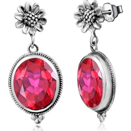 Szjinao Vintage 100% 925 Sterling Silver Oval Gemstone Ruby Earrings Stud For Women Flower Wedding Birthstone Fine Jewelry Gift