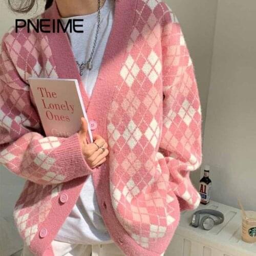 Womens V-neck Plus Size Long-sleeved Sweater Womens Japanese Plaid Retro Cardigan Jacket College Style Loose Knit Jacket