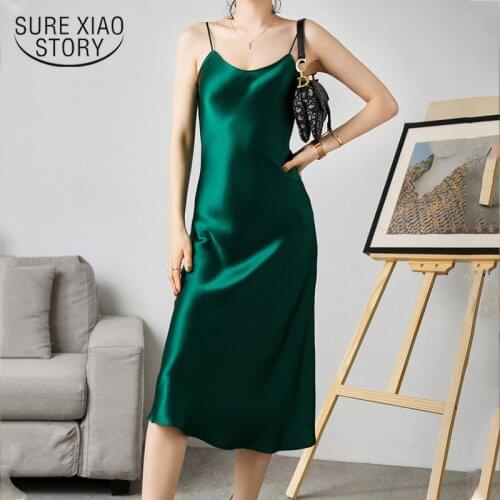 Woman Dress Satin Sleeveless Spaghetti Strap Straight Solid Luxury Shiny Sundress Sexy Imitation Silk Dress Green Vestidos 13115