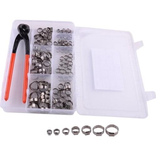 140pcs 7-size Single Ear Hose Clamps Cinch Rings Crimp & Crimping Tool Kit Connection Accessories 304 Stainless Steel