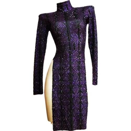 Sparkly Purple Rhinestone Women Cheongsam High Slit Long Sleeve Dress Nightclub Singer Dancer Stage Wear Evening Prom Costume