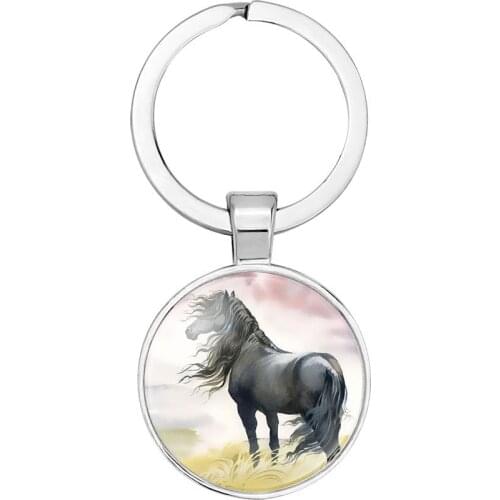 Fashion Unicorn Keychain Animal Horse Key Chain Handmade Round Photo Frame 25mm Glass Cabochon Car Key Ring Holder Jewelry Gift