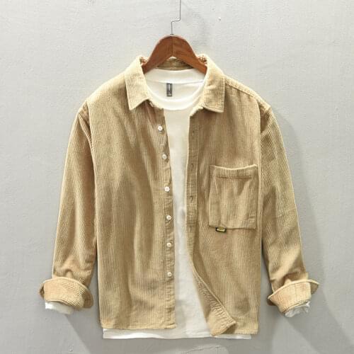 D221 Autumn Corduroy Jackets For Men Classical Regular-Fit Simple Casual Lapel Khaki Solid Color Long Sleeve Male Shirts Coats