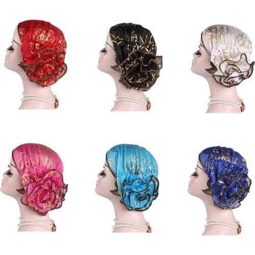 European And American Popular Headdress Hat Muslim Headwrap Cap Beauty Gauze Hot Gold Plate Loss Hair Flower For Ladies Turban