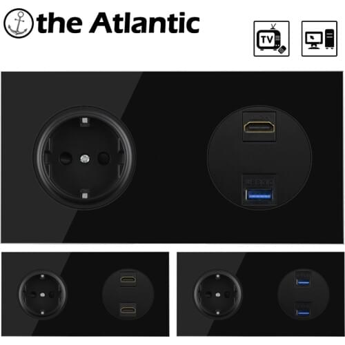 EU DE Plug Power Outlet HDMI USB 3.0 Data Jack Data Transfer Port Wall Socket For Computer PC Television TV Black Glass Frame