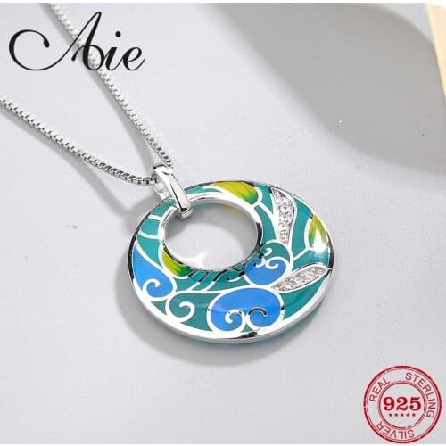 Fashion lovely curly pattern 925 Sterling Silver sparkling CZ deep cyan blue Enamel fine Necklace Pendant Party Jewelry