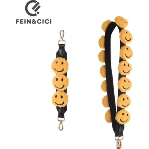 Smiley face pom pom strap fur bag strap you handbag large big Wide yellow strap blet bag Accessoires