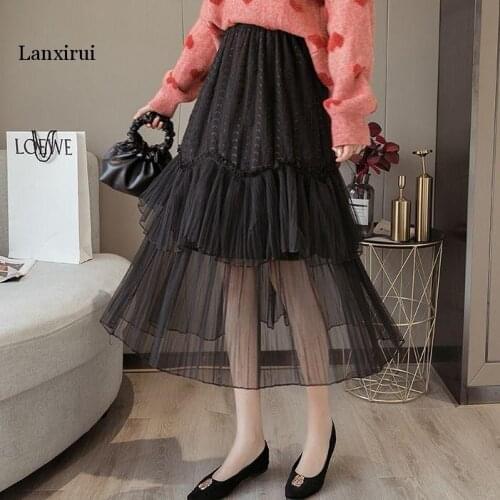 Fashion Lace Tulle Skirt Women Summer Elegant Long Maxi Skirt Female High Waist Pleated irregular Girls Skirt White Black