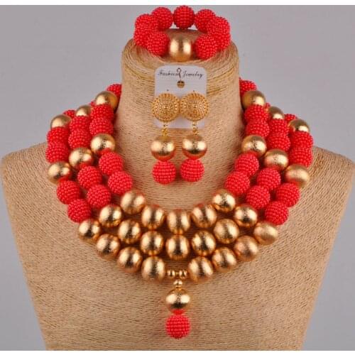 Fashion red african wedding beads jewelry set simulated pearl nigerian necklace sets jewelry for women FZZ37