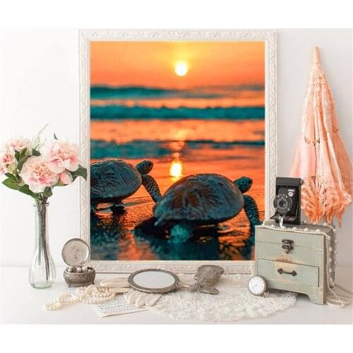 DIY Diamond Painting Kit Sunset Seaside Diamond Embroidery Animal Turtle Pictures Of Rhinestones Mosaic Sale Craft Kit
