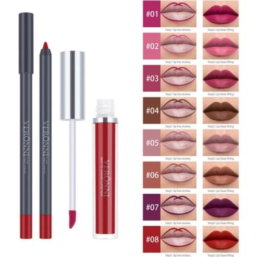 2pcs Lip Gloss & Lip Liner Set Velvet Matte Finish Liquid Lipstick Pencil Waterproof Lasting Lip Tint Makeup Cosmetics TSLM1