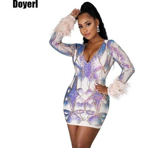 Sequin Dress Women Party Night Glitter Bodycon Club Dress Mini Short Feather Long Sleeve Sexy Dinner Dresses for Women Elegant