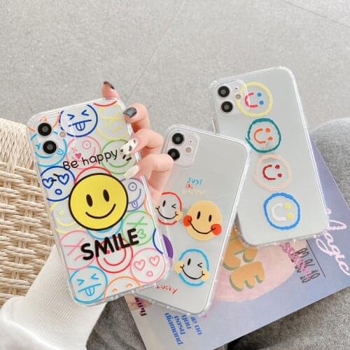 Phone Case For iPhone 11 Pro X XR XSMax 6 6s 7 8 Plus 12 Mini 12 Pro Max Cartoon Colorful Smiley Transparent Shockproof Soft TPU