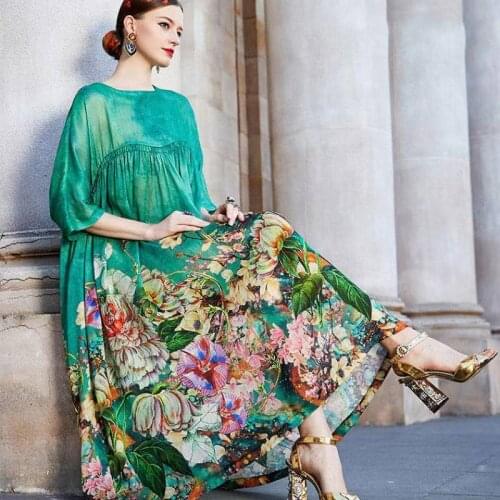 Zijden Moerbei Zijden Print Jurk Vrouwelijke Zomer Nieuwe Ronde Hals Mode Losse Grote Swing Jurk