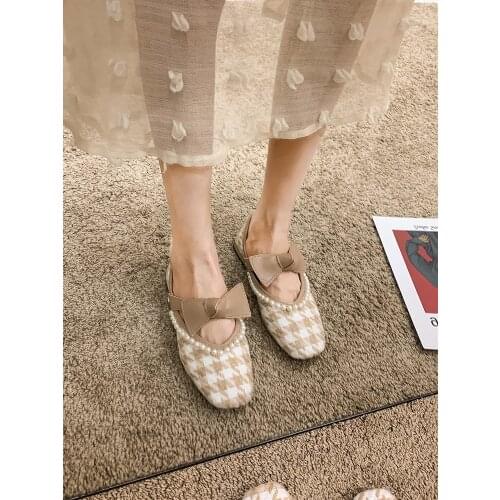 Womens Shoes Single Shoes 2021 New Spring and Autumn Striped Lattice Bow Pearl Thick Heel Non-slip Mary Jane Shoes