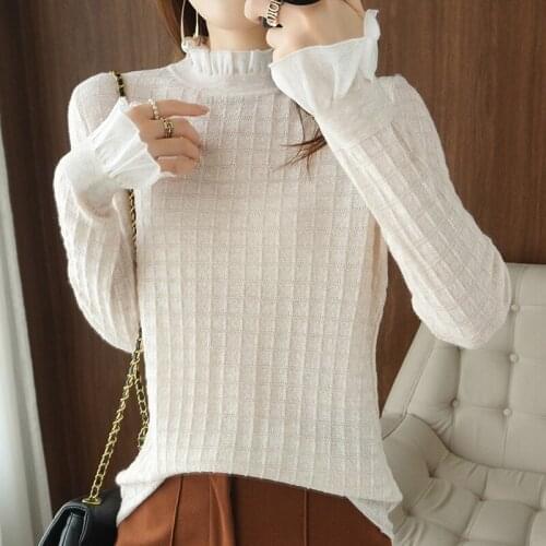 Womens Pullover 2021 Fall/Winter New 100% Wool Sweater Casual Solid Color Knitted Frill Collar Cashmere Sweater Plus Size