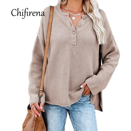 Chifirena O Neck Women Sweaters Loose Jumper Pullovers Split Tops Knitted Oversized Ladies Winter Black Khaki Sweaters Woman
