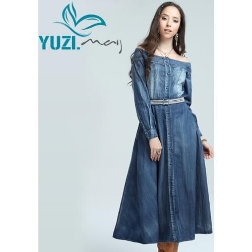 Women Dress 2017 Yuzi.may Boho New Denim Dresses Slash Neck A-line Single Breasted Embroidery Belt Vestidos A82050 Vestido