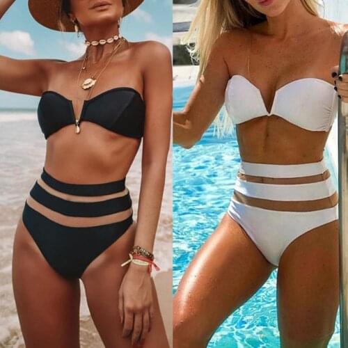 Lady Sexy Bikini 2020 High Waist Solid Black White Mesh Push-up Padded Swimsuit Swimwear Bathing Suit Bikinis set Women