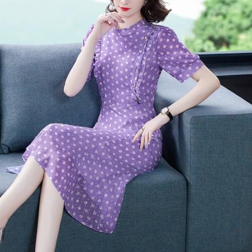 Office Lady Dot Print Chiffon Summer Midi Dress 2021 Vintage Casual Plus Size Korean Dress Women Elegant Bodycon Party Vestidos