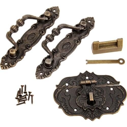 4PCS Antique Bronze Jewelry Box Chinese Old Lock Box Latch Hasp Retro Furniture Cabinet Pull Handle Hardware Accessories