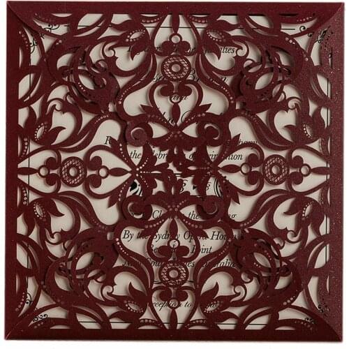 50 Pcs/Lot Burgundy Square Laser Cut Wedding Invitations with Envelope, Blank Birthday Invites for Bridal Shower Dinner Party