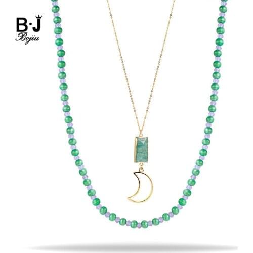 BOJIU Bohemia Jewelry 2 Layers Green Wood Bead Natural Amazonite Gold Moon Pendant Womens Necklace NKS156