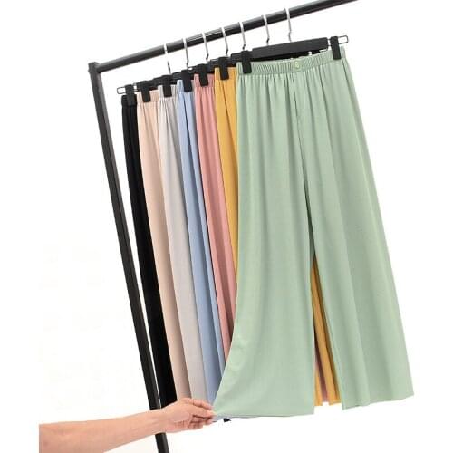 Shell Buckle Simple Korean Wide Leg Pants Women Summer Ice Silk Loose Casual Pants Womens Black Thin Loose Trousers Women