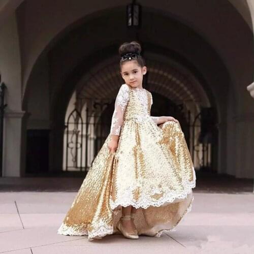 Pageant Kids Gold Sequins White Lace Baby Girls Birthday Party Dresses V-Neck Sheer Flower Girl Wedding Gowns Toddler Prom Wear