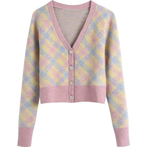 Women Brocade Sweater Diamond Plaid Print Cardigan Autumn Winter Spring Casual V-Neck Thnick Long Sleeve Crochet Female Tops