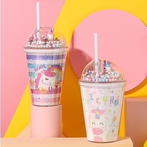 Double Layers Plastic Water Bottle With Straw Bubble Unicorn Lid Korean style Creative Gift Mug For Milk Coffee Tea Handy Cup