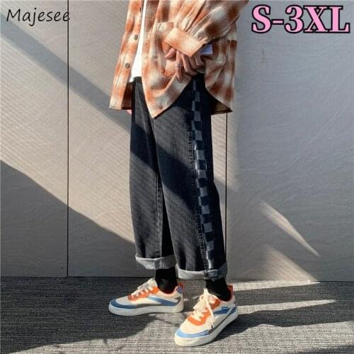 Jeans Men Plaid Designs Loose Fashionable Teens 3XL Straight Denim Retro Trousers High Street Wear Autumn New Harajuku Oversize