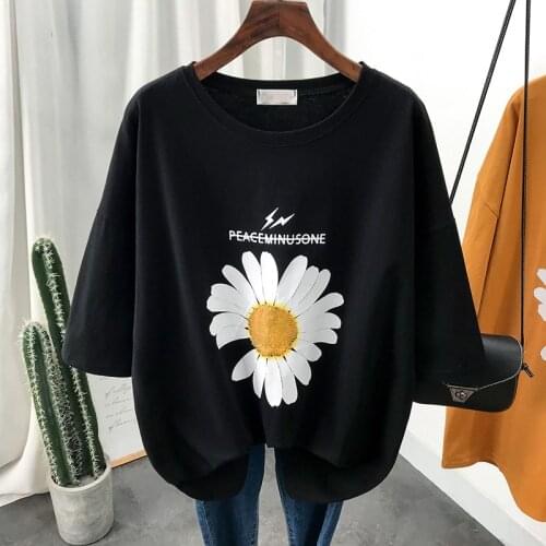 Cotton Tee Women Summer Flower Graphic Oversized T Shirt Students Short Sleeve Loose Home Basic T-shirt Top