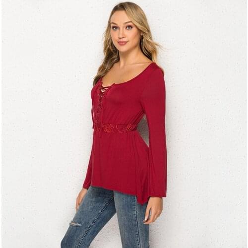 Women Tshirts Fashion Sleeve Waist Irregular Hem Top long-sleeved Top Sexy Ladies Casual Loose Shirts Femme Blusas