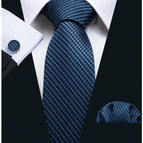 Barry.Wang New Arrival Bussiness Mens Tie Set Jacquard Woven Blue Black Striped Silk Tie For Men 8.5cm Width For Wedding Party