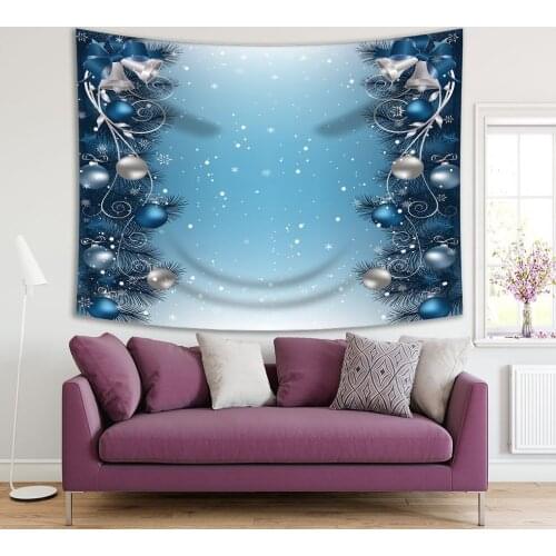 Tapestry Christmas Decoration with Fir Branches Ornaments Balls Bells Ribbons and Snowflakes Navy Blue and White Art Printed
