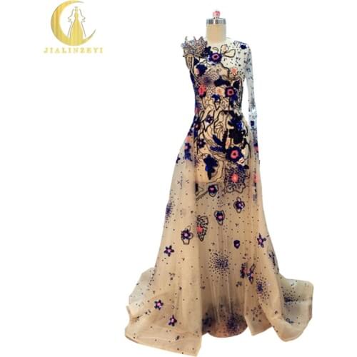 JIALINZEYI Real Sample Image Elie Saab Luxurious Champagne Beads Sequins See Through full Hand work Party dress Evening Dresses